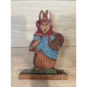VTG Hand Painted Folk Art Wood Bunny Cape & Basket Easter Spring Fairy Tale 12"